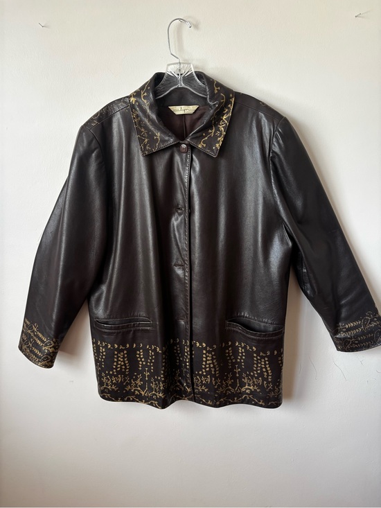 Jackets & Blazers - Black Leather Jacket with Gold Stenciled Detail